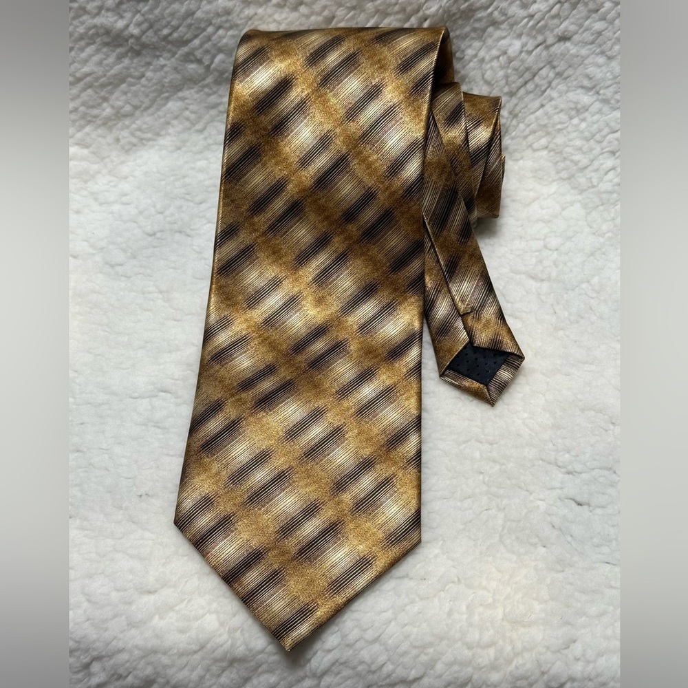Yves Saint Laurent YSL Men’s Necktie 100% Silk Gold & Brown Diagonal Plaid - Picture 2 of 5